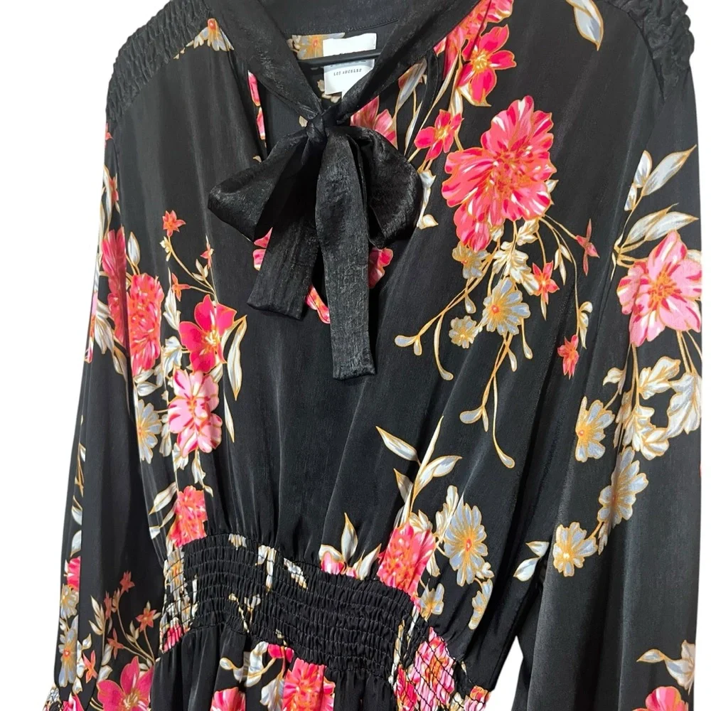 Misa Los Angeles Iyana Tie-Neck Smocked Waist Mini Dress Black Floral Size Large - Picture 6 of 10